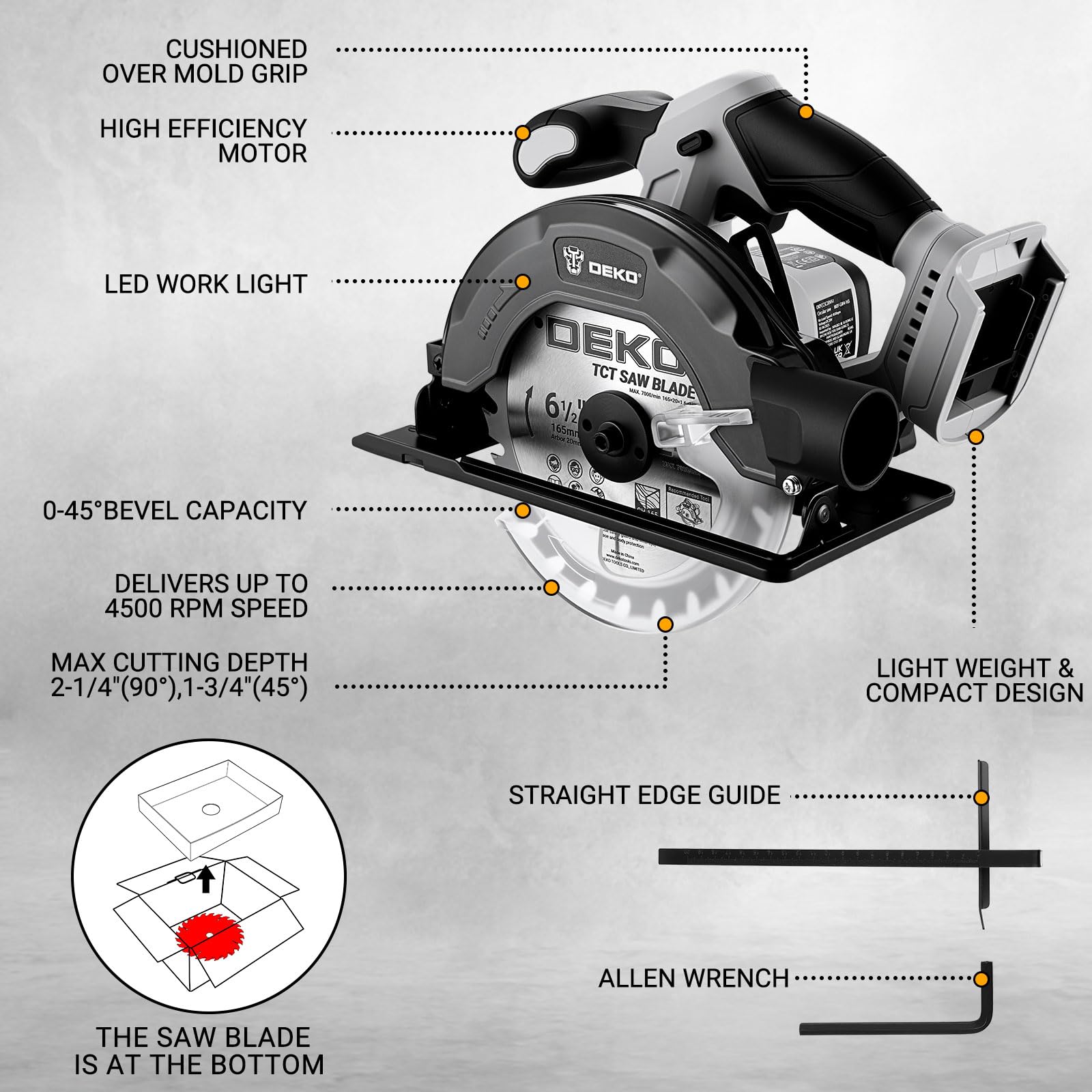 Sierra Circular Bateria: DEKOPRO 20V Sierra Circular, 4500 RPM, Hoja de Sierra Ø165mm(24T), Profundidad Máxima de Corte 55mm (90°), 33mm (45°), Ideal para Cortar Madera (2 Baterías de 4,0Ah incluidos)