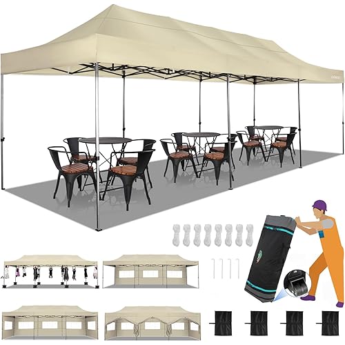 COBIZI 10x30 Heavy Duty Pop up Canopy with 8 sidewalls Party Tent for Parties Weddings Events UPF 50+ Waterproof Commercial Gazebo with Roller Bag, Khaki