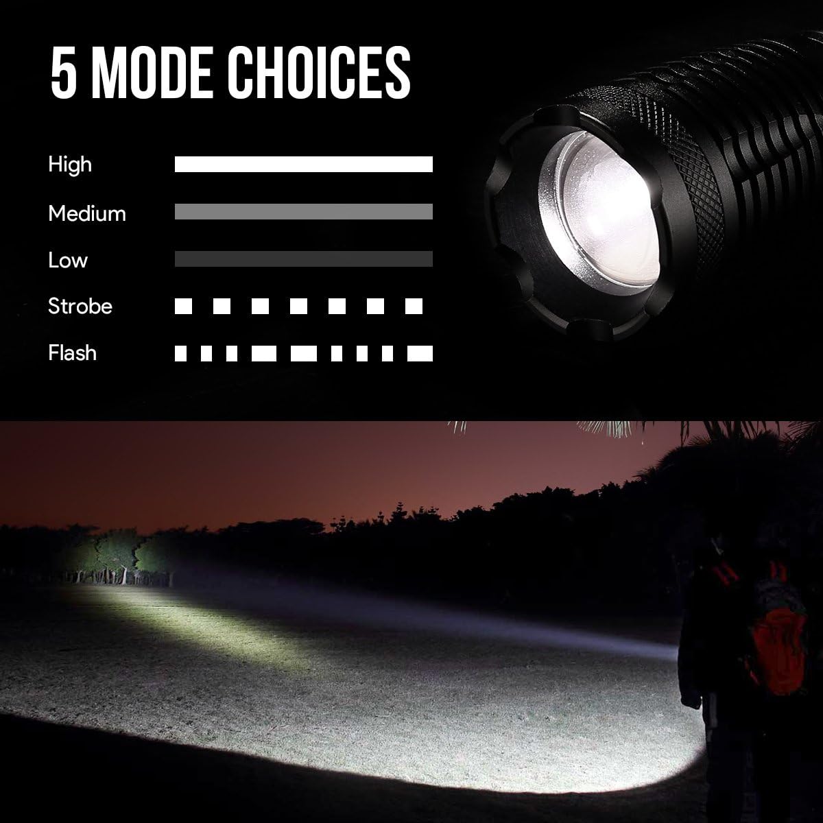 SAYGOGO XML-LE A100 Handheld LED Flashlight, Outdoor Ultra Bright T6 Glare Waterproof Torch with Adjustable Focus and 5 Light Modes, Suitable for Powered Tactical, Camping, Hiking, and Hunting, Black