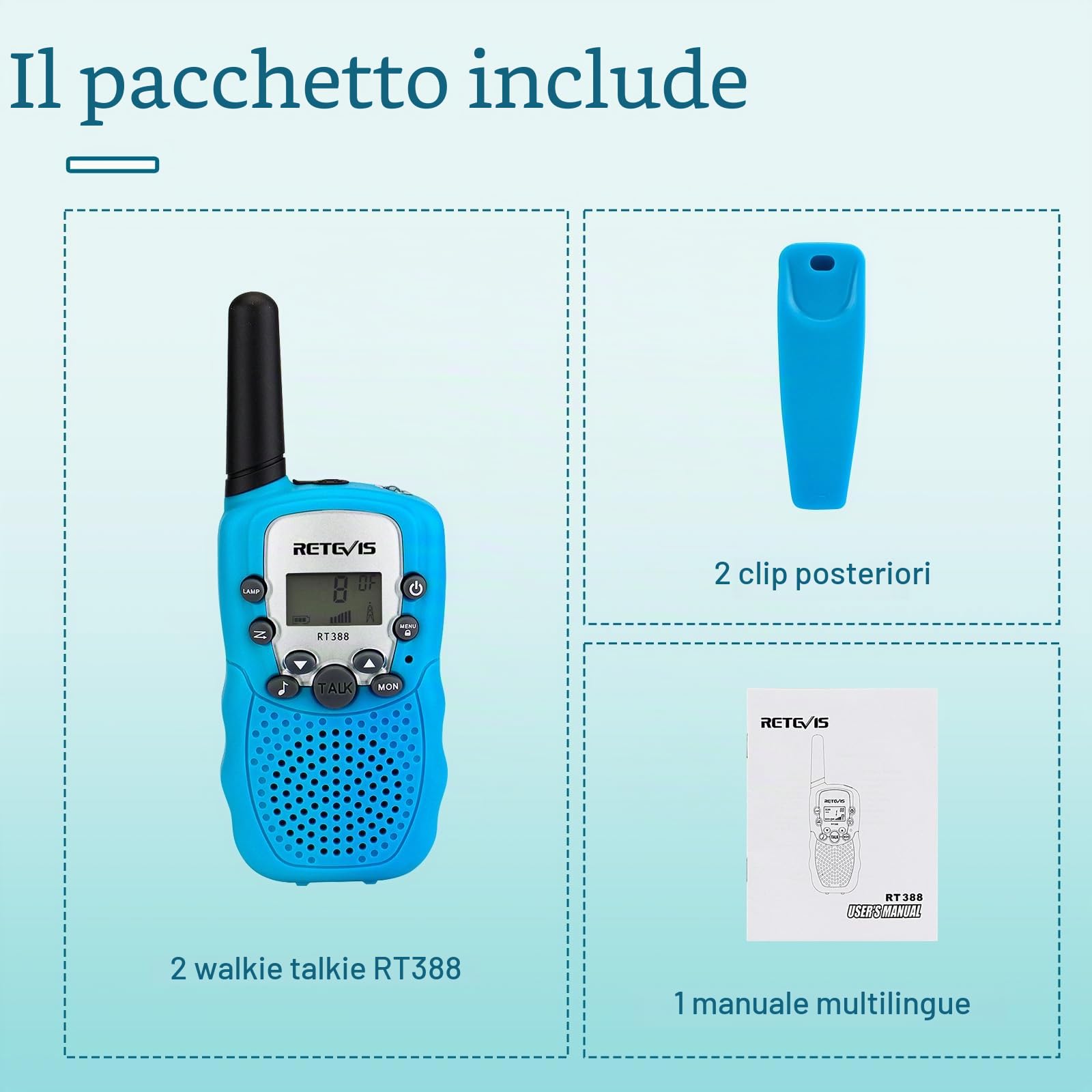 Retevis RT388 Walkie Talkie Bambini PMR446 8 Canali VOX Torcia 10 Toni Chiamata Blu 1 Coppia