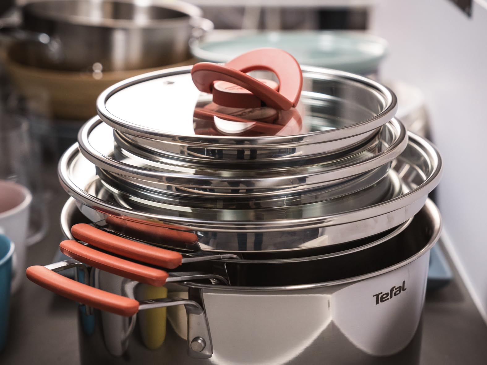 TEFAL G721SD74 Opti'Space Zestaw Garnków i Patelni, układanie stosy, stal nierdzewna 18/10, dno Thermo-Fusion, do każdej kuchenki, skala pojemności, nienagrzewające uchwyty, 13 elementów, srebrny