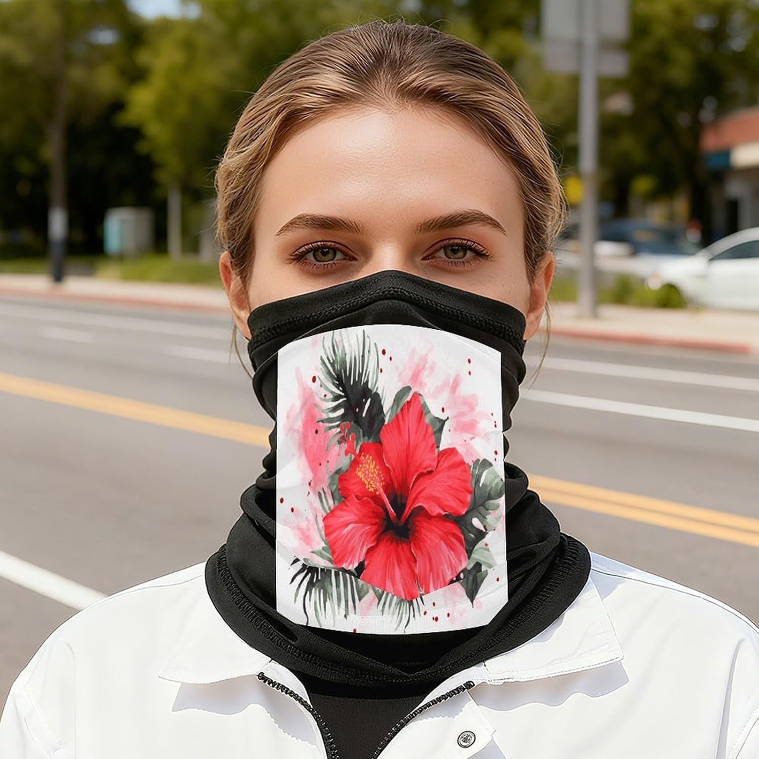 Red Hibiscus Face Mask for Men Women,Neck Gaiter Sunscreen Breathable,Face Cover for Skiing Fishing Hiking Cycling