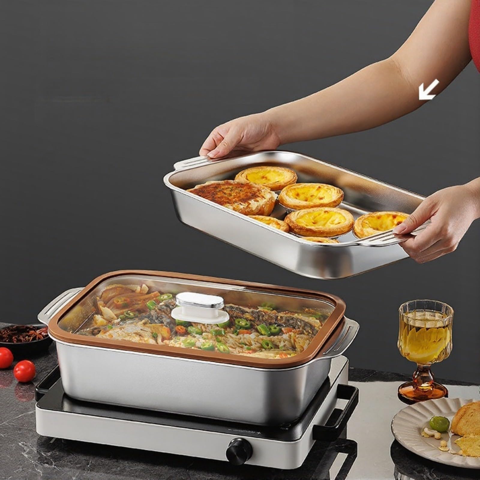 RichVibe Rechteckige Grill-Fischplatte aus Edelstahl, mit offener Flamme und Induktionsherd, kompatibel für Außen- und Innen-Kochen, 45 cm (45 flacher Deckel)