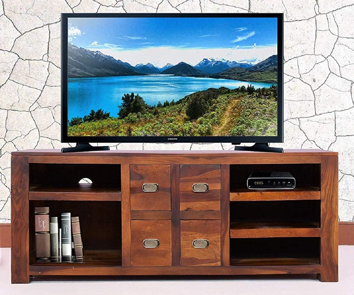 Wood World Standard tv Stand Cabinet Entertainment Unit for Living Room tv Tables with 4 Drawers Set top Box Stand (kapasi Brown) Solid Sheesham Wood