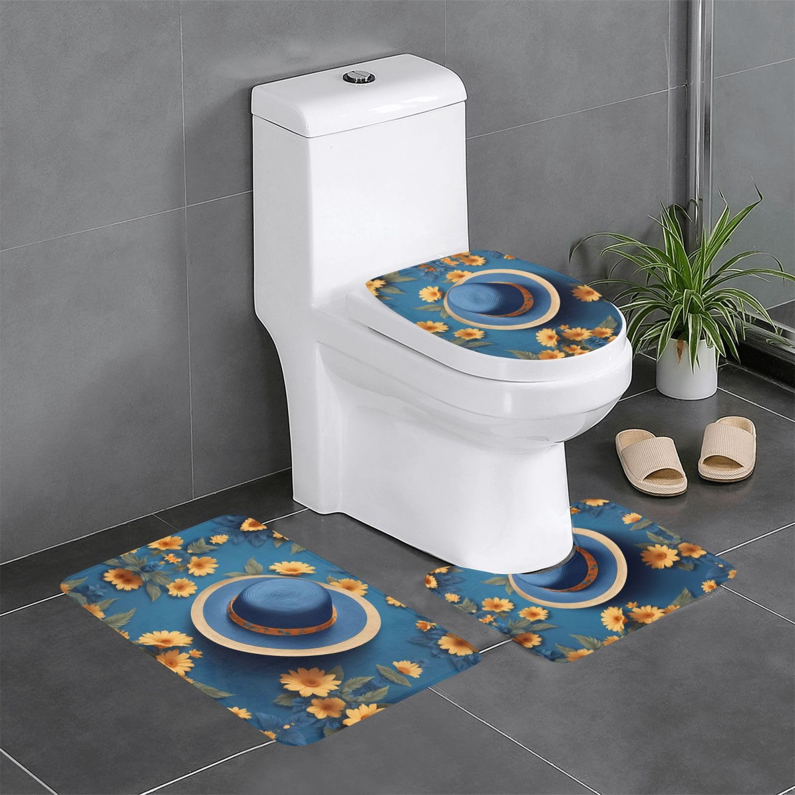 Tapis de sol antidérapants en flanelle avec motif floral bleu pour vos toilettes