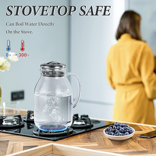 Miniatura 4 de Jarra de vidrio Hiware de 68 onzas con tapa y boquilla alta resistencia al calor para estufa para agua caliente fría y té helado