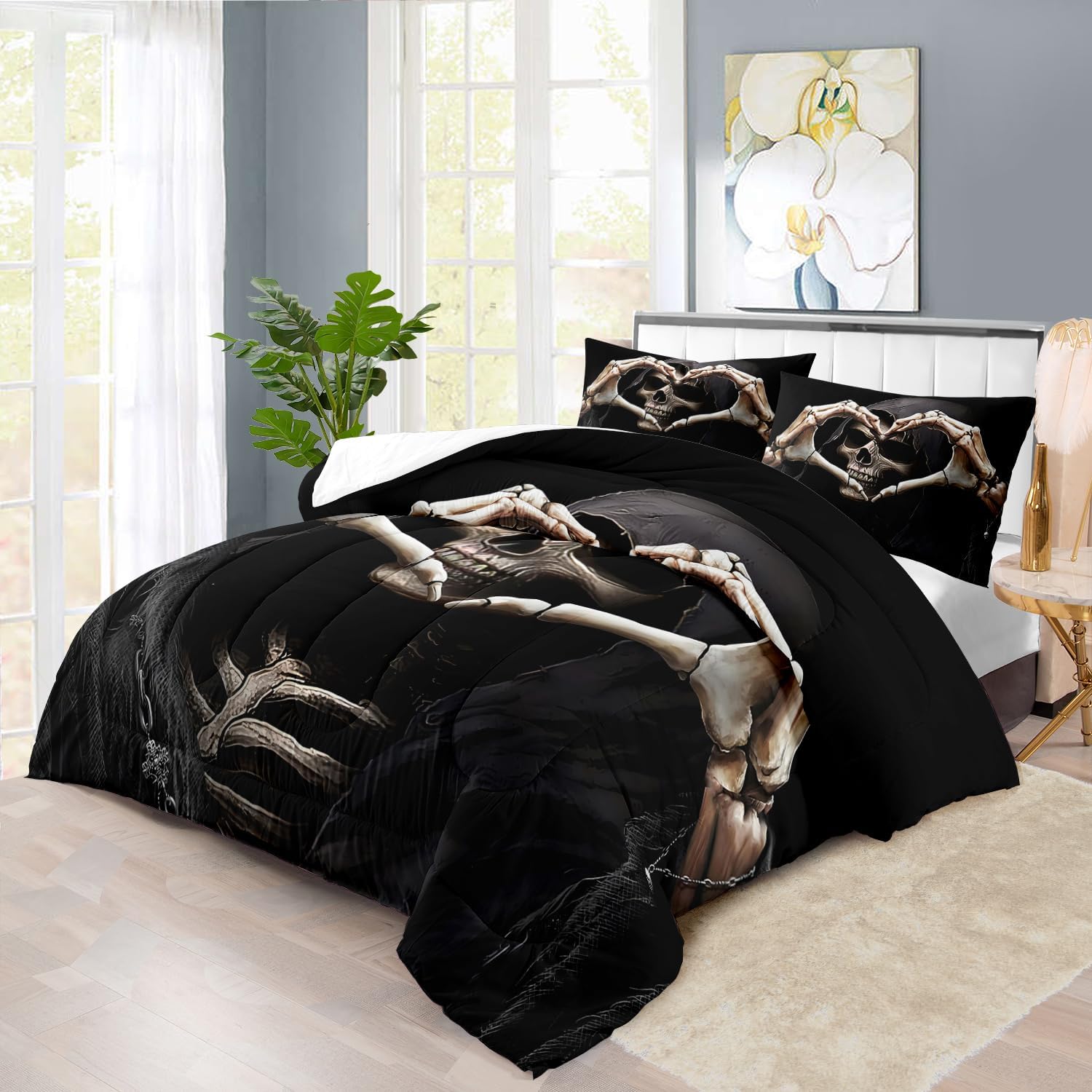 Black Skull Comforter Set King Black Goth Comforter Sets for Couple Skull Bedding Girls Medieval Bedding Goth Room Decor Love Heart Bed Quilt Love Home Decor
