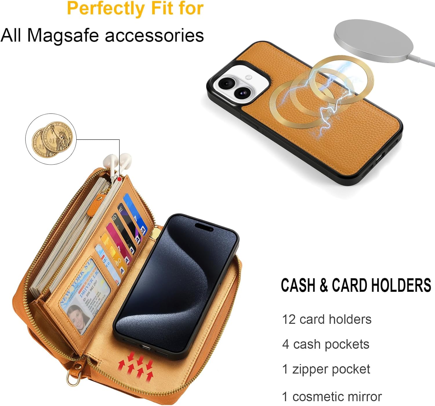 Crossbody Wallet Case for iPhone 17 6.3", Magnetic Detachable PU Leather Case with RFID Blocking Card Holder, Wristlet & Shoulder Strap, Flip Zipper Clutch Purse for Women - Orange