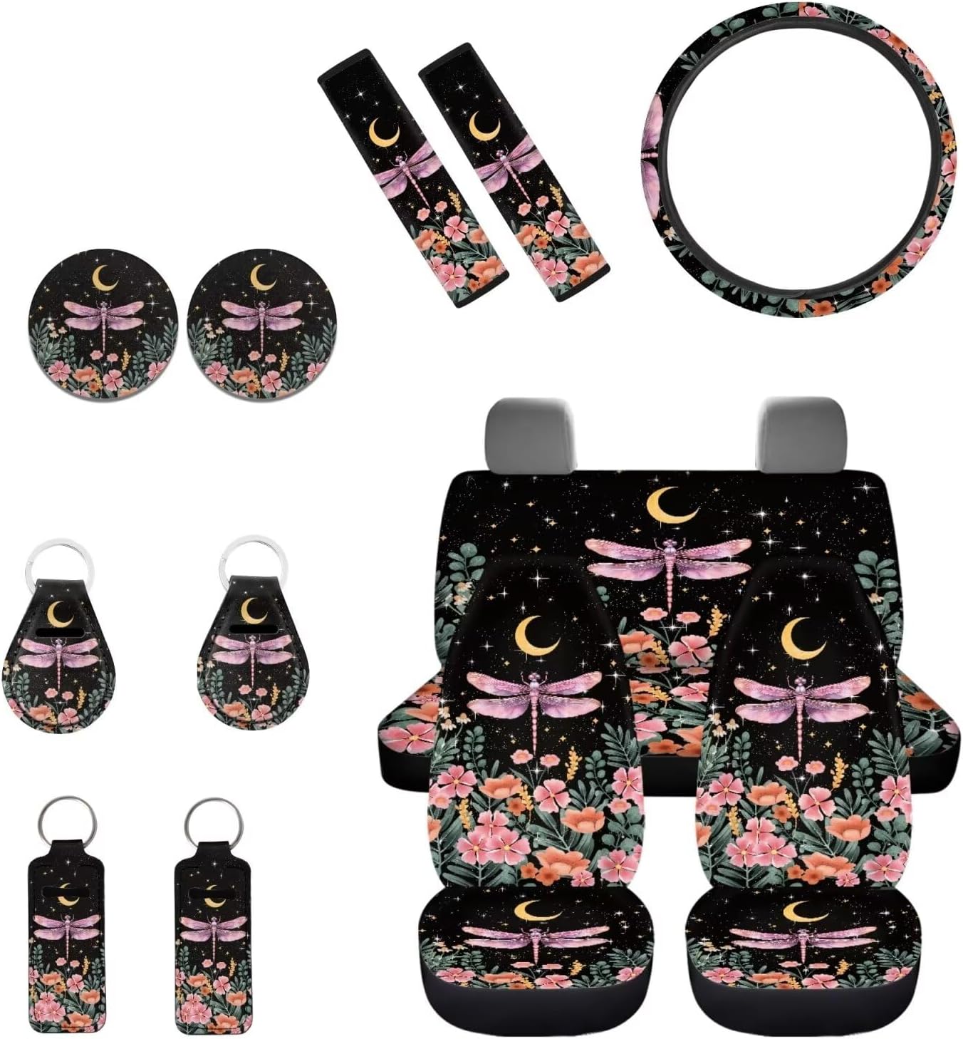 INSTANTARTS Highland Cow Sunflower 13 Pieces Seat Cover Set Car Front Seat Cover + Seat Belt Cover + Steering Wheel Cover + Keychain + Coaster + Lipstick Cover Universal Car Accessories