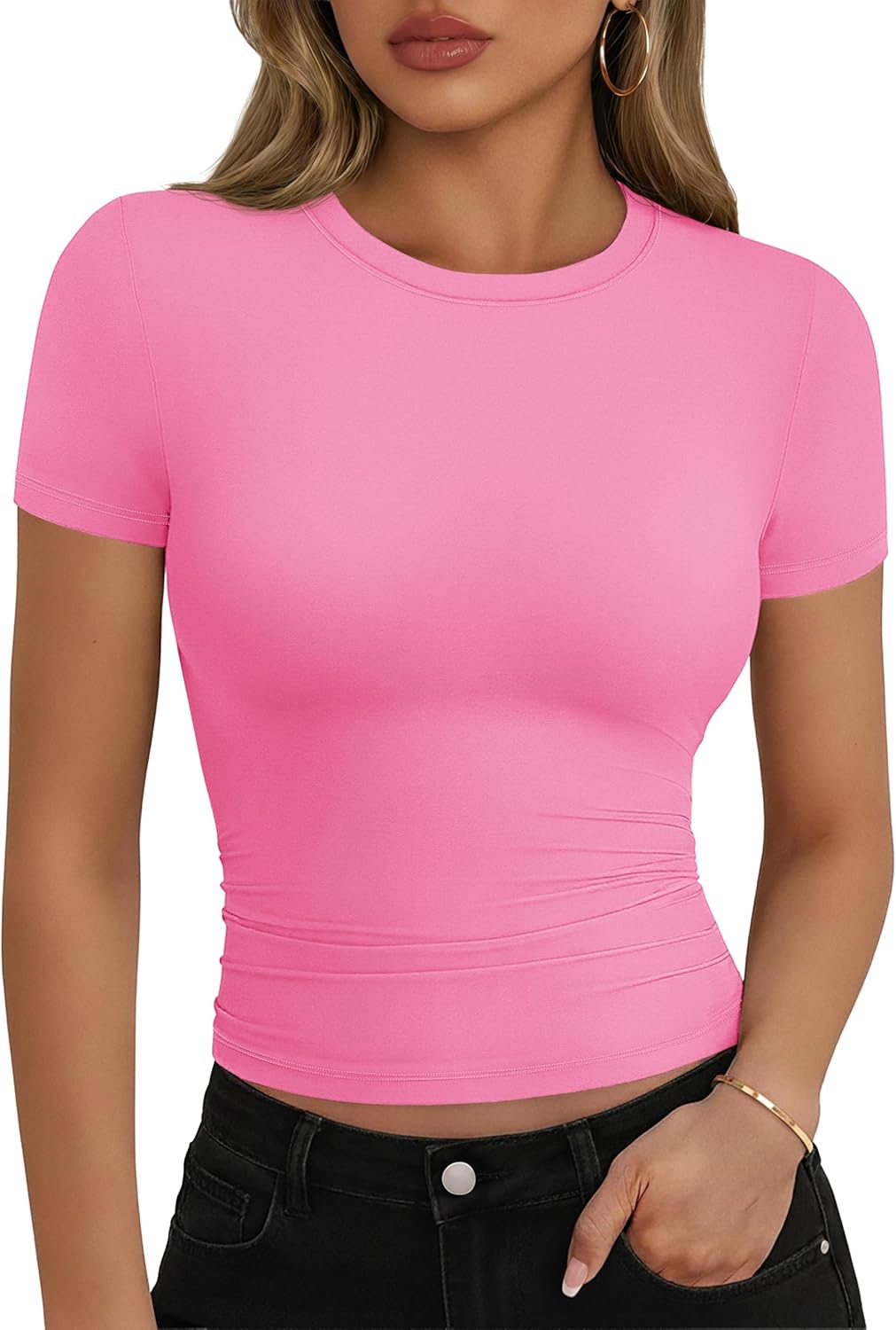 YUCOLEN Women's Short Sleeve Double Lined Fitted Crop Top Crewneck Soft Basic Tee Summer Casual Workout Y2K Trendy Shirt