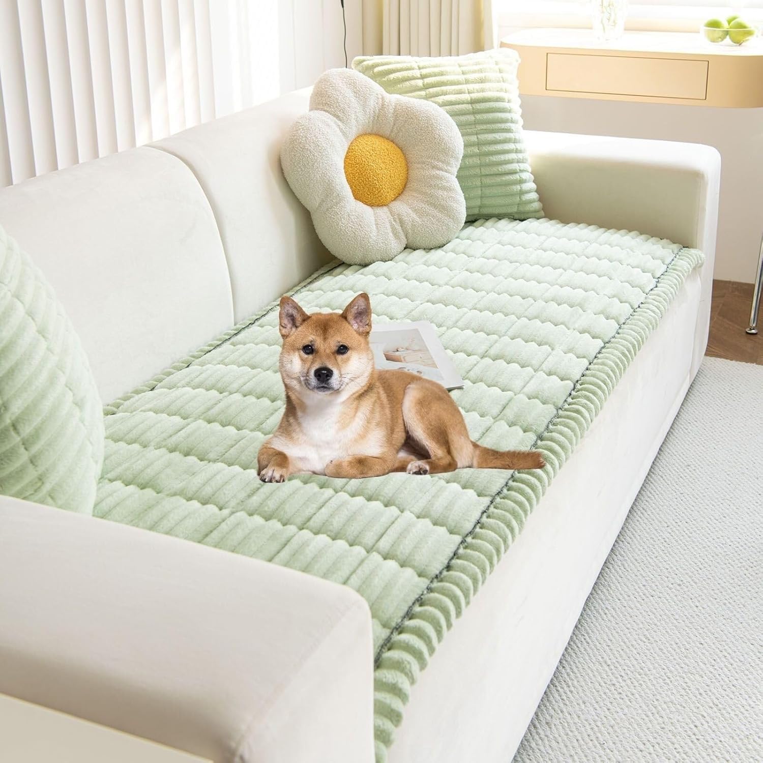 Fuzzy Faux Fur Couch Cover for Pets, Non-Slip Dog Bed Protector – Plush Washable Sofa Cover for Large Dogs & Cats, Pet-Friendly Furniture Blanket(Ivory,31" x 31")