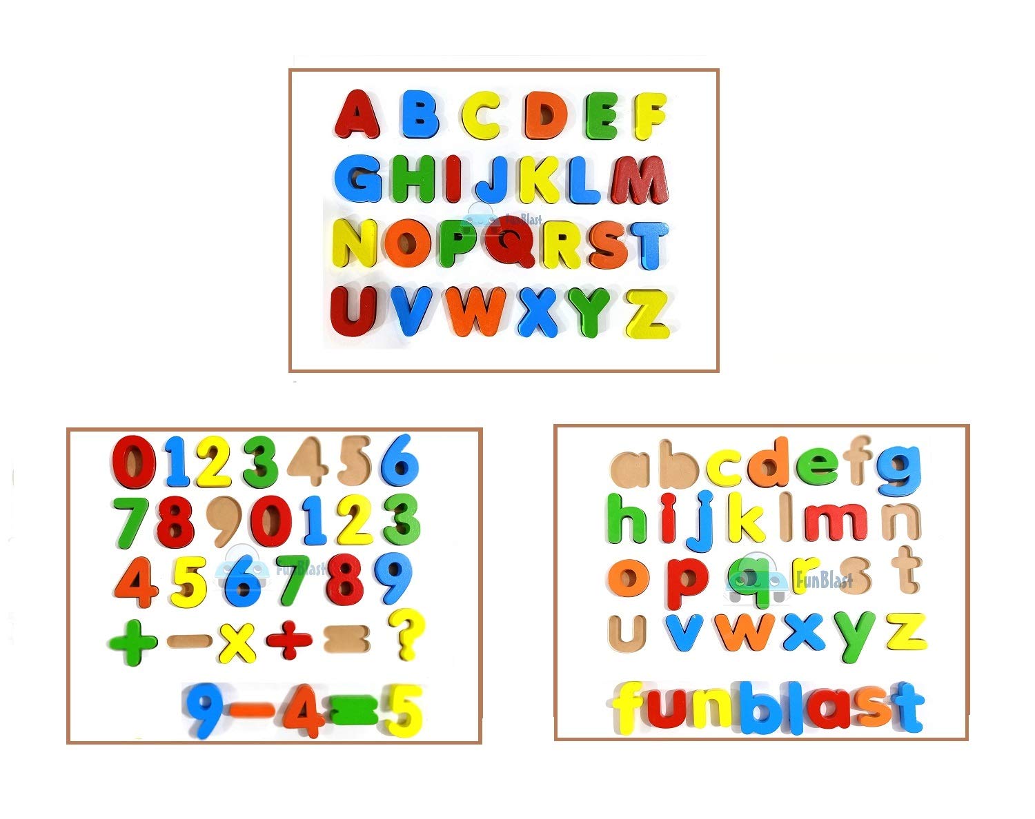 FunBlast (Set of 3) 3D Wooden Educational Learning Board - Capital Alphabet, Small Alphabet and Number Learning Board Toy for Kids (Multicolor)