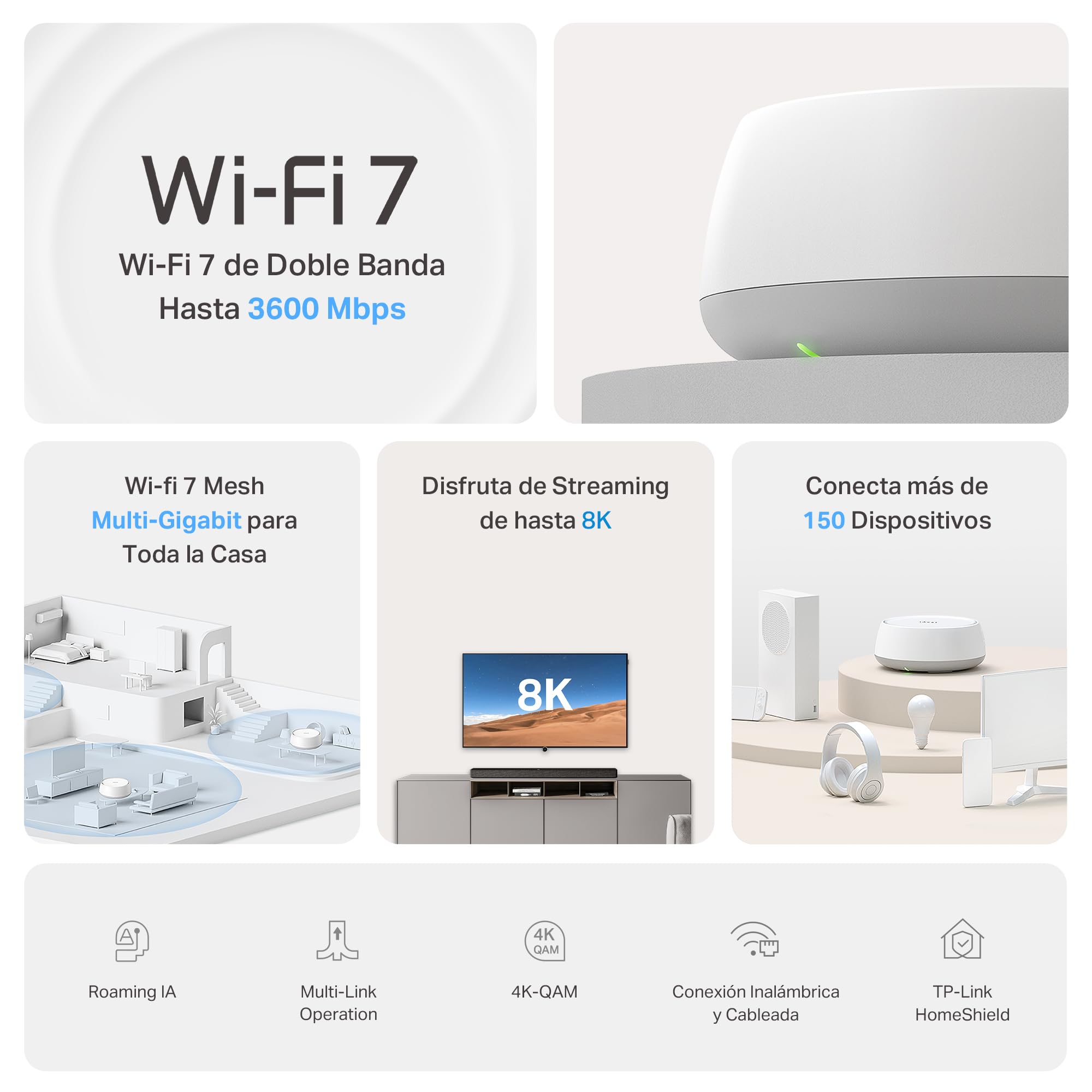 TP-Link Deco BE3600 (3-Pack) – Mesh Wi‑Fi 7 de Doble Banda hasta 3,6 GB/s, backhaul híbrido inalámbrico y por Cable, MLO, 2 Puertos Gigabit por Unidad, Seguridad HomeShield