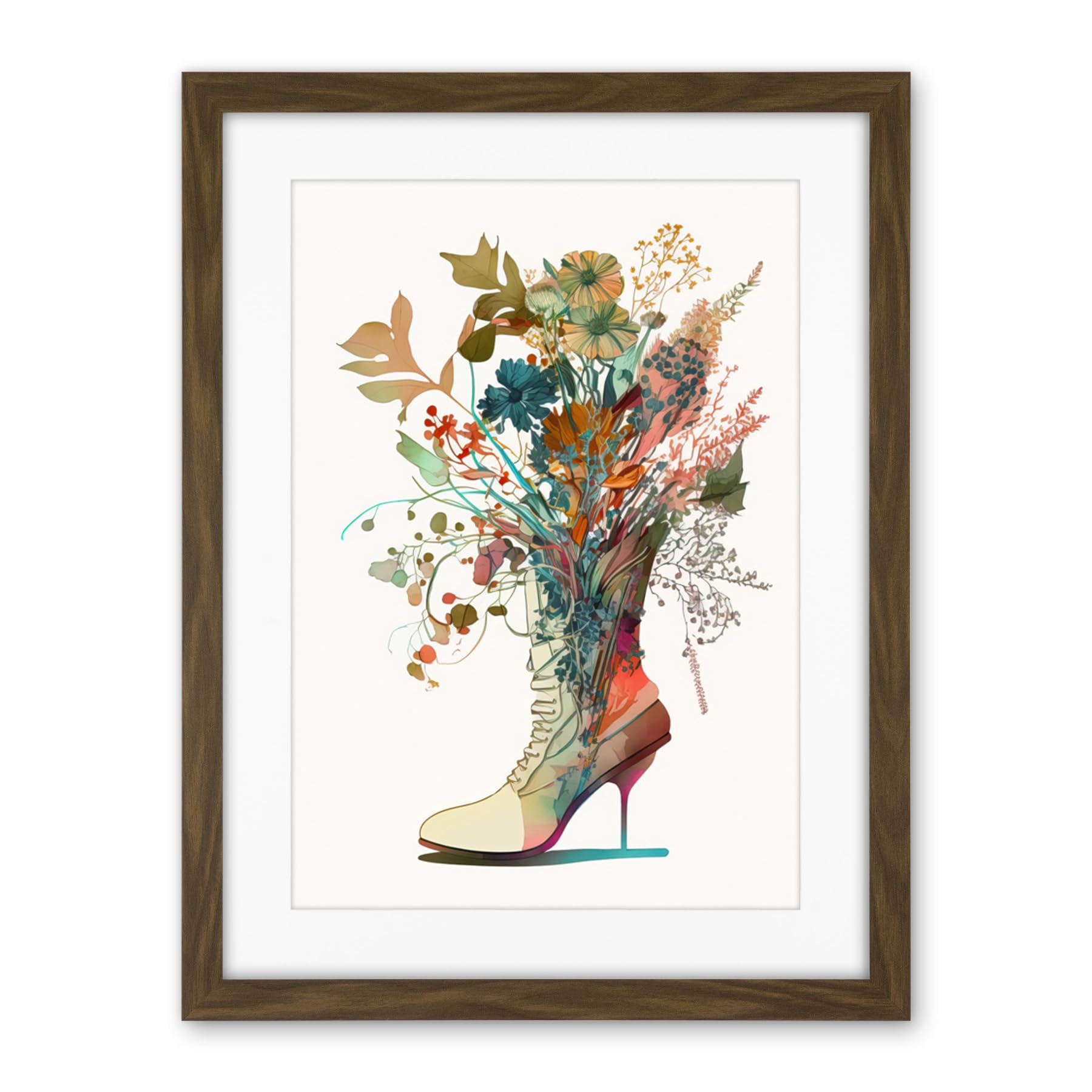 Artery8 Wildflower Bouquet in a Stiletto Heel Combat Boot Artwork Framed Wall Art Print 18X24 Inch
