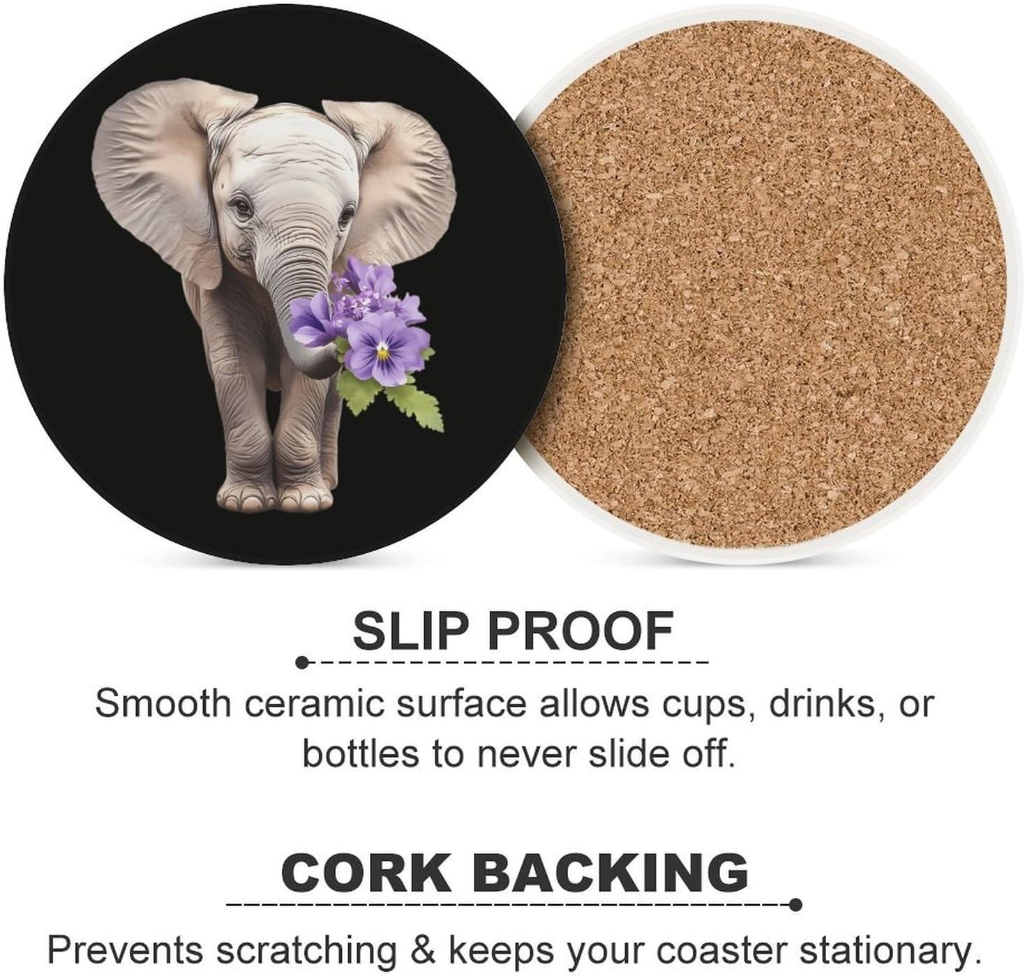 African Elephant with Violet Flower Round Ceramic Coasters for Drinks Absorbent Cup Holder Tabletop Protector with Cork Base