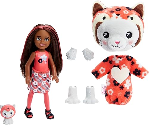 Miniatura 7 de Barbie Cutie Reveal - Muñeca y accesorios Chelsea, disfraz de peluche de animal y 6 sorpresas, incluyendo cambio de color, gatito como panda rojo
