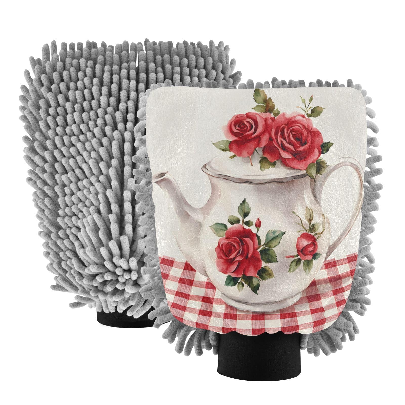 STAYTOP Elegant and Exquisite Teapot Pattern Car Wash Mitt Microfiber, 2Pcs Scratch Free Lint-Free, Premium Chenille Microfiber Mitt Car Wash Brush-L
