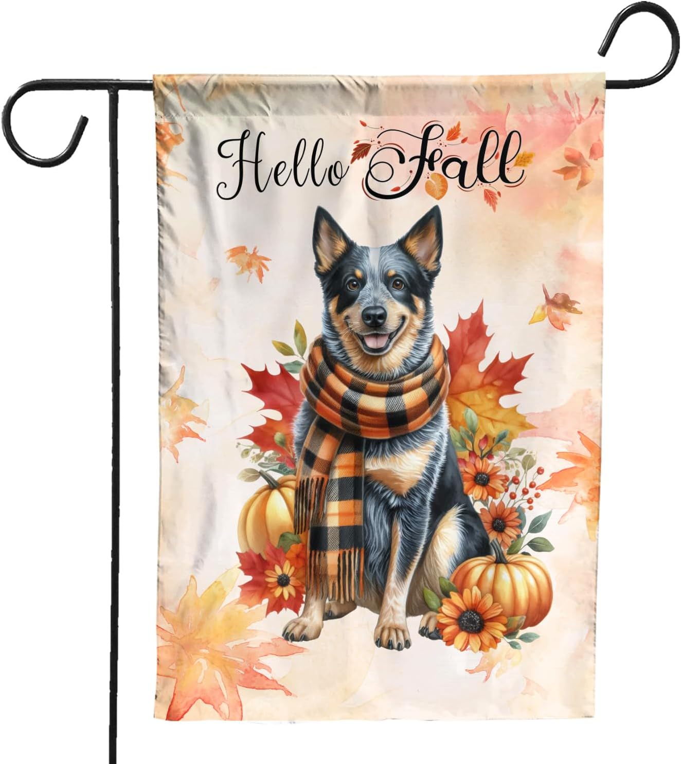 Hello Fall Australian Shepherd Scarf Welcome Autumn with Leaves Pumpkins House Flag 28x40in Double Sided Aussie Dog Lover Gifts Outdoor Decor - 011