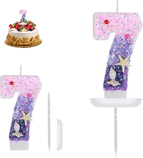 Birthday Candles, Number 7 Candle, Mermaid Theme Birthday Cake Decorations, Happy 7th Birthday Candles for Cake, Pink Purple Numeral Candle Mermaid Cake Topper Birthday Party Favors Decorations