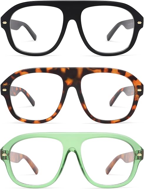 AMOMOMA 3 Pack Retro Blue Light Aviator Reading Glasses for Women Men,Oversized Large Computer Reader Frame AM6163