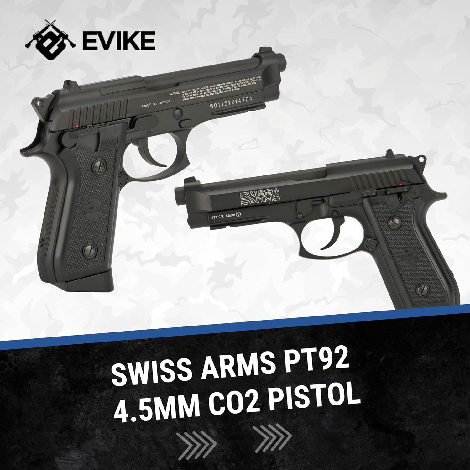 Evike Airguns - Swiss Arms PT92 Metal CO2 Powered Blowback 4.5mm Air Pistol (4.5mm Air Gun) (Color: Black)