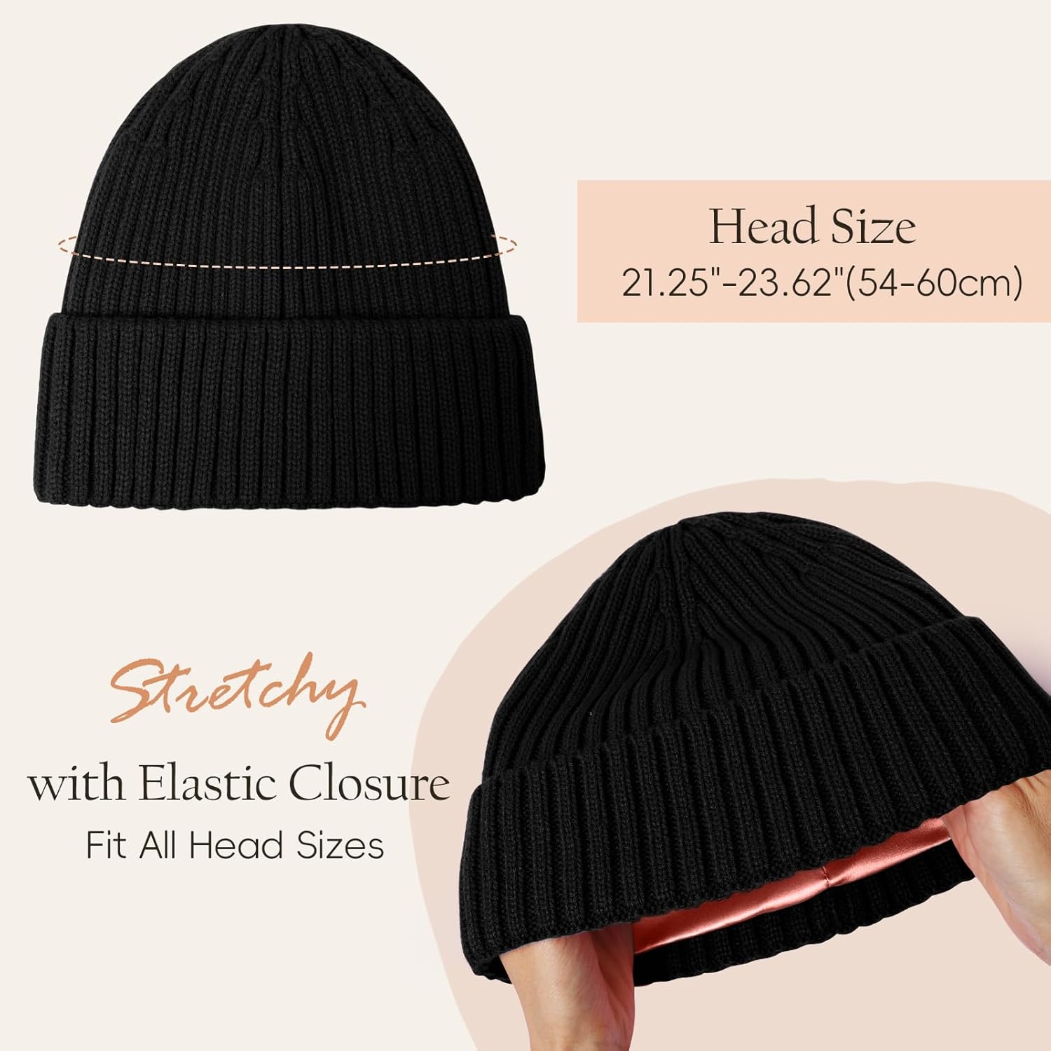 Womens Satin Lined Beanie Knit Winter Hats for Women Men Silk Lining Soft Warm Cuffed Beanie Skull Stocking Cap - Image 6