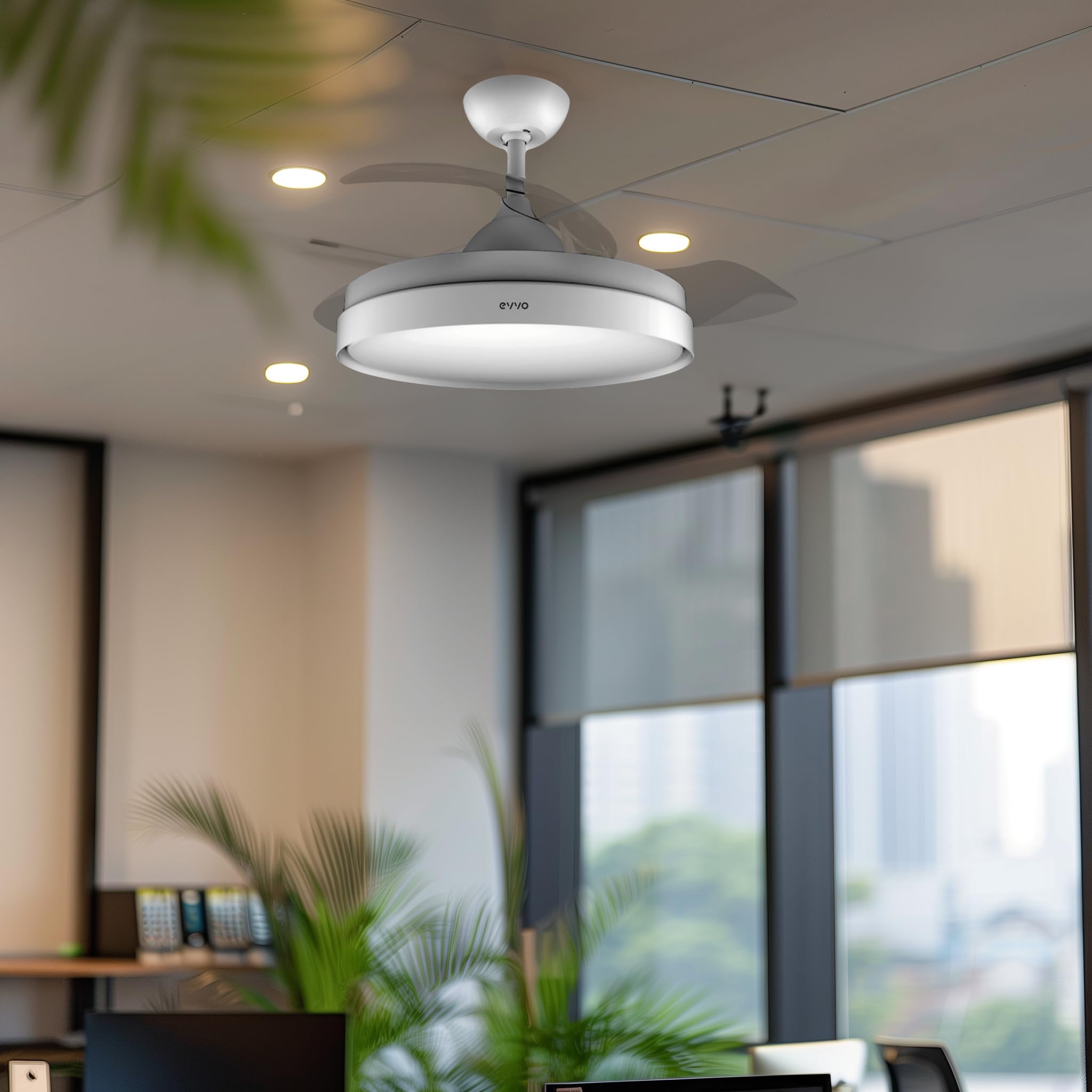 EVVO Ventilador de Techo con Aspas Rectráctiles y Luz, Ø107cm, 3 Aspas, Motor DC 40W, 6 Velocidades, Temporizador hasta 4h, Función Invierno-Verano (Modelo: V450 Invisible White)