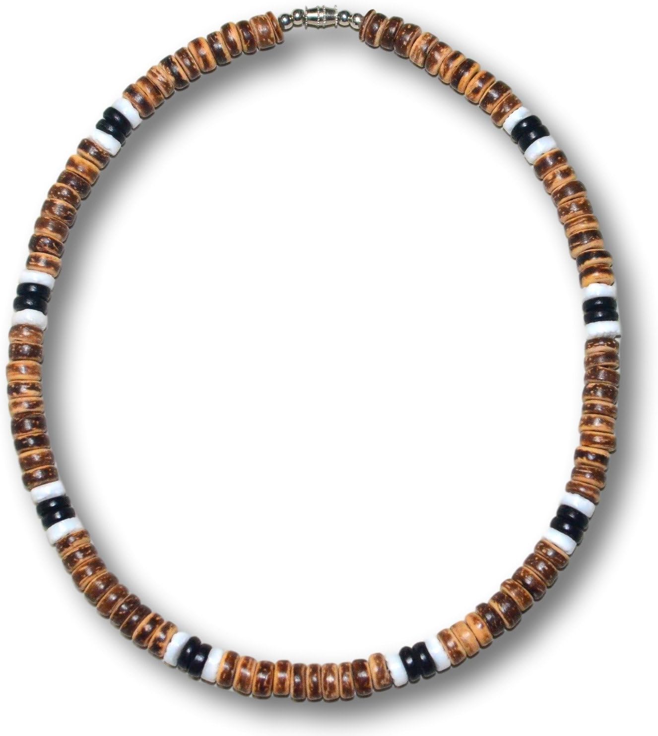 Men’s & Women’s Puka Shell Necklace – Handmade in the Philippines with Brown Coconut Beads, White Clam Heishe Shells & Stainless Steel Cable, Beach Jewelry for Tropical Summer Style