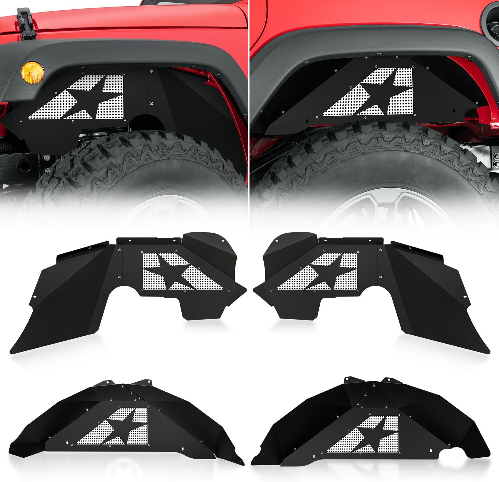 Front & Rear Inner Fender Liners Compatible with 2007-2018 Jeep Wrangler JK & JKU (2/4Doors), Slanted White Star Style Mud Guards Steel Wheel Well Cover Fenders Flares