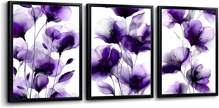 sechars Purple Flower Wall Art Modern Purple and White Bathroom Decor Abstract Floral Canvas Paintings Purple
