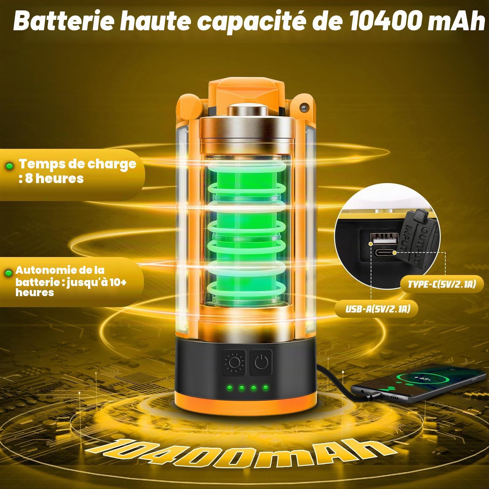 T-SUN Projecteur de Chantier LED Rechargeable avec Trépied, Multiples Modes Lampe de Travail Réglable, 10400 mAh Lampe de Camping à 4 Têtes, Projecteur sur pied Pour Chantier, Garage, Camping(Orange)