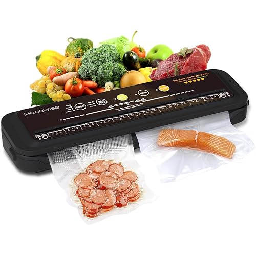 Updated Vacuum Sealer Machine (2025), MEGAWISE Food Sealer w/Starter Kit, Dry & Moist Food Modes, Compact Design with 10 Vacuum Bags & Built-in Cutter