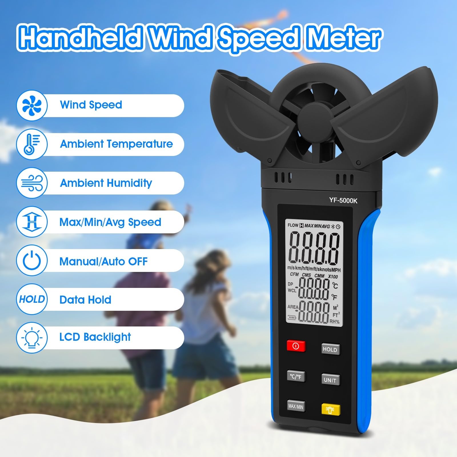Anemometry, Cyfrowy anemometr ręczny z obrotowym detektorem o 270° i podwójną pokrywą wiatrowskazu, 6 jednostek prędkości wiatru