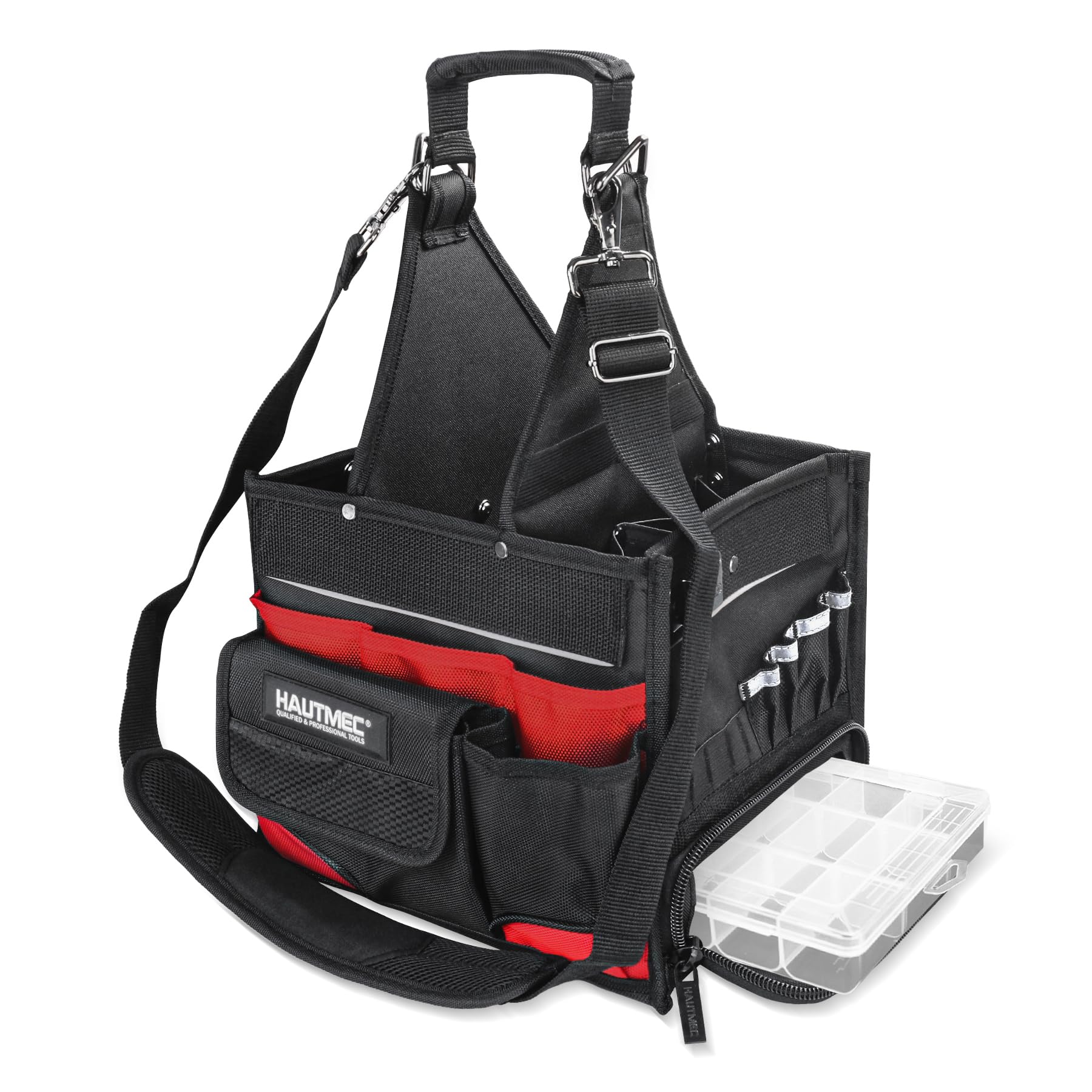 HAUTMEC Heavy-Duty Electrician Tool Bag with Parts Tray, 37-Pocket Open Top Tool Tote with Reinforced Hard Base, Water-Resistant Oxford Fabric, Antiwinding Shoulder Strap – HT0174