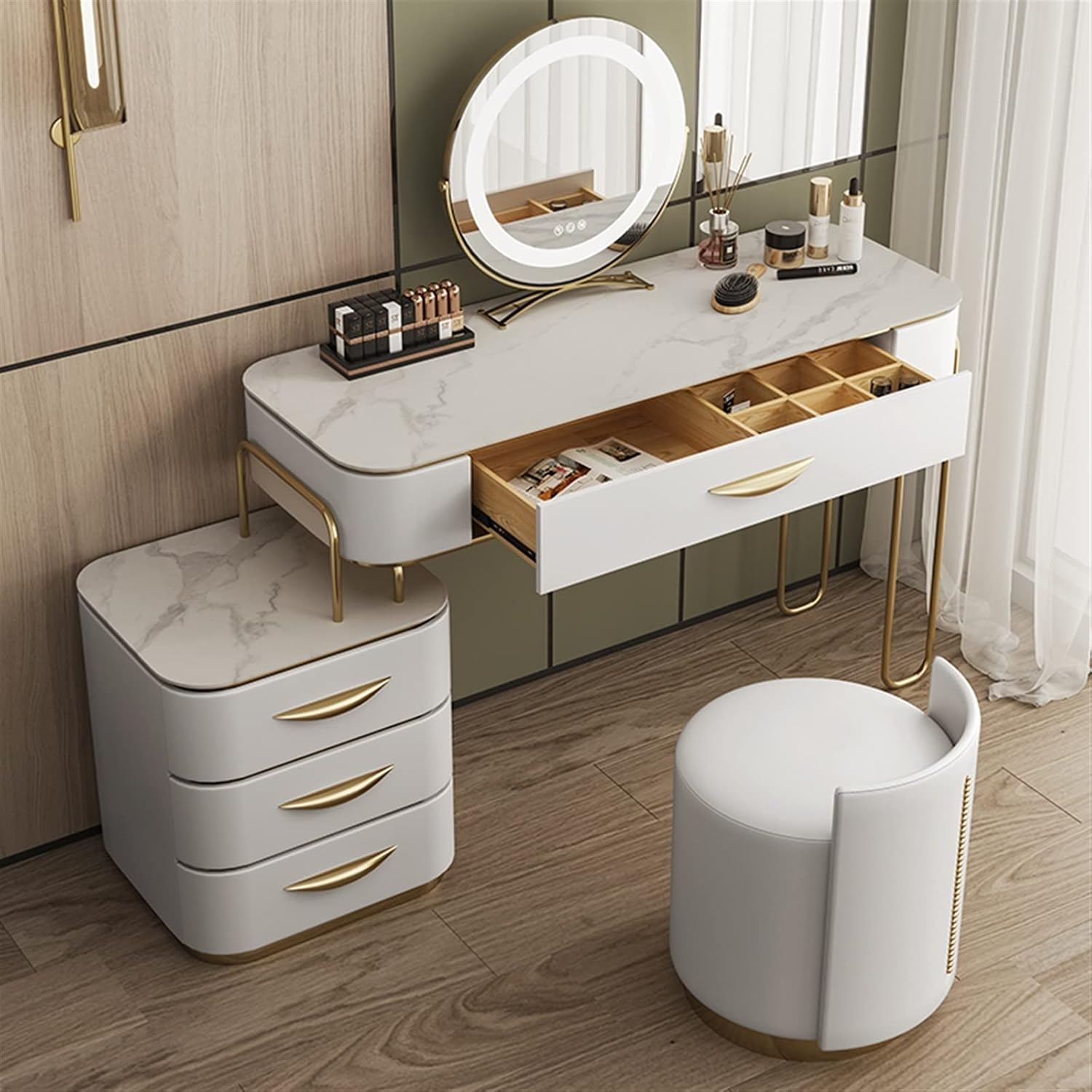 Vanity Dressing Table Set Luxury Makeup Bench with 3 Colors Led Hd Mirror,Comfortable Stool Drawers Cabinet,Modern Simple Style,for Girl's Gift (Size : 100CM) ()