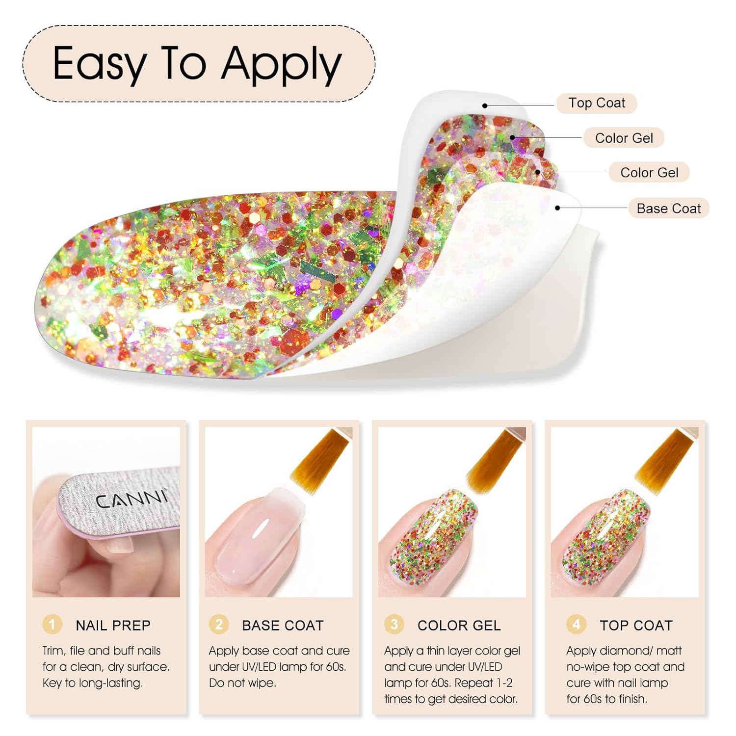 CANNI Gel Polish Glitter Gel Nail Polish Set, 8 Colors Shimmery Prism Flash Red Green Purple Fine Glitter Gel Polish U V LED Soak Off Manicure Kit Gift for Women Girls