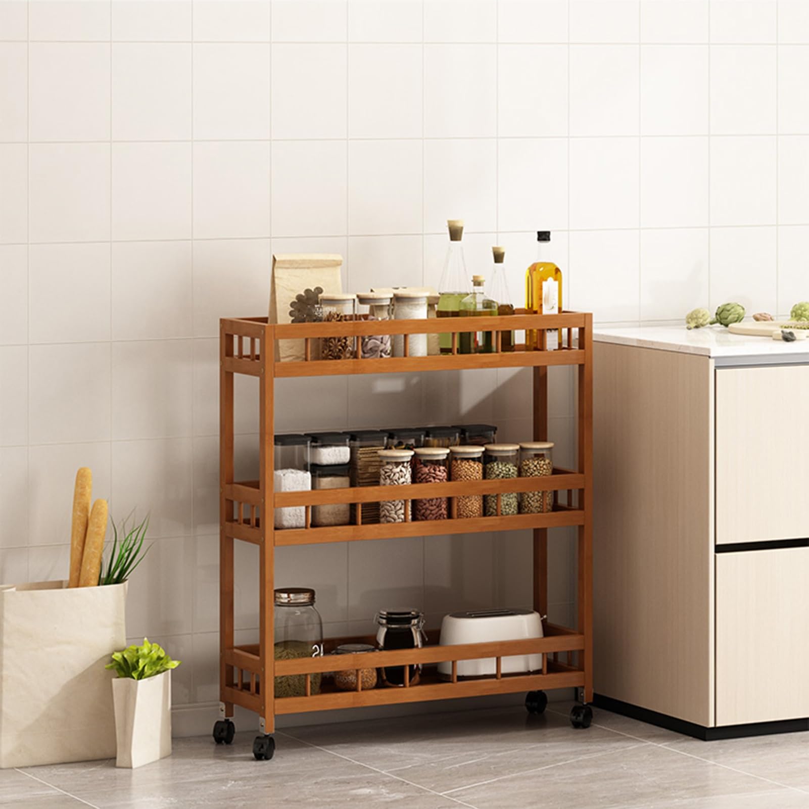 Carrello portaoggetti sottile a 2/3/4 ripiani per bagno, lavanderia e spazi ristretti, con ruote, 50 x 18 x 69 cm, compatto