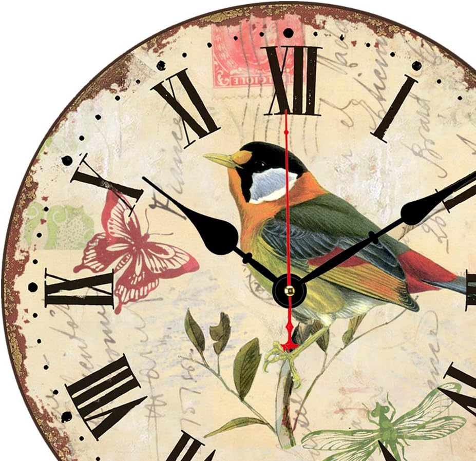 14 Inch Silent Non-Ticking Colorful Bird Design Wall Clock Roman Numeral Clocks Wooden Round Wall Clocks Battery Operated Decorative Clock for Kitchen/Bedroom/Living Room/Office …