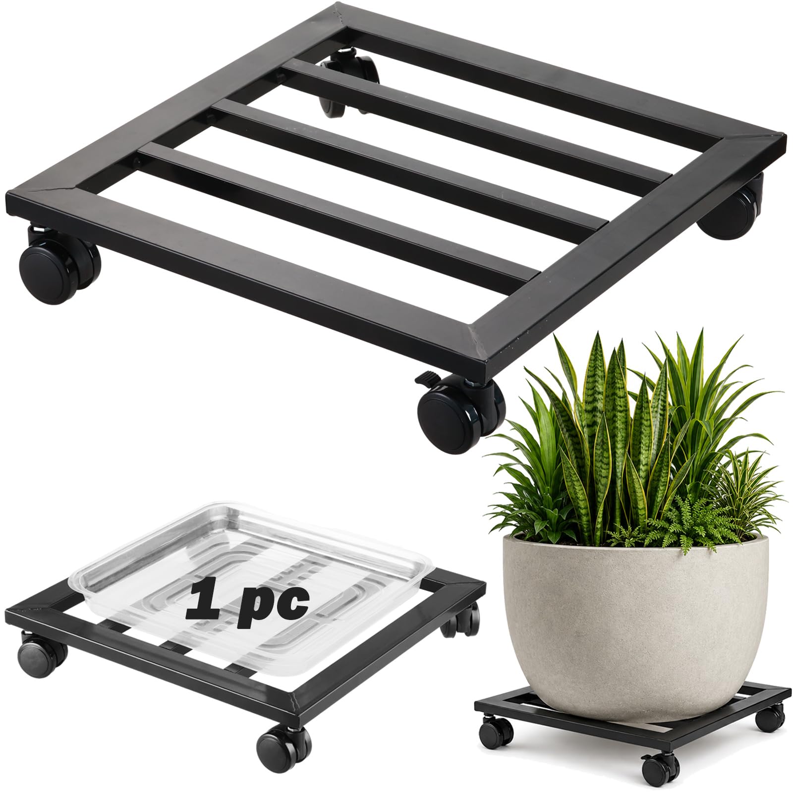 DEELF OUTLET 1 Packs 12 inches Large Metal Plant Caddy with PU Wheels Square Planter Dolly Pot Mover Rollers Wrought Iron Rolling Plant Stands Indoor Outdoor Plant Holder Coaster Trolley, Black