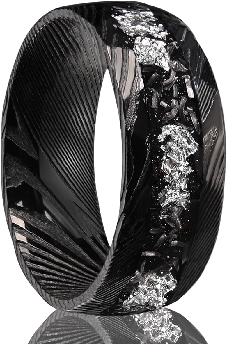 Black Damascus Steel Rings for Men Women 8mm Hammered Inlaid Silver Foil and Meteorite Men's Engagement Wedding Bands Stylish Suitable for Anniversary