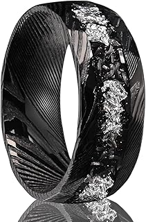 Black Damascus Steel Rings for Men Women 8mm Hammered Inlaid Silver Foil and Meteorite Men's Engagement Wedding Bands Stylish Suitable for Anniversary