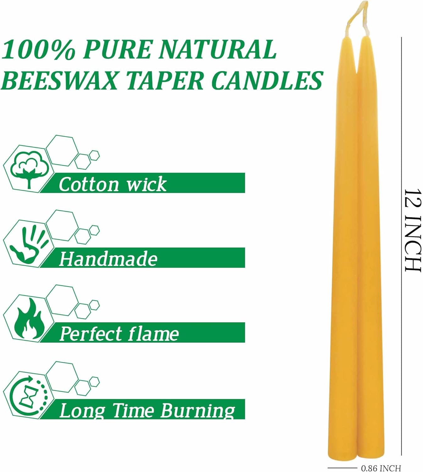 12 Inch Beeswax Taper Candles, Natural Bees Wax Long Candlestick Tapers 12 Pack, 10 Hour Long Burning, Dripless and Smokeless for Home Dinner Christmas Spa Relaxation