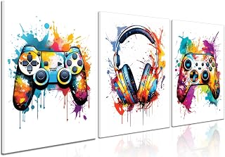 Gaming Room Decor Wall Art Set of 3, Video Gaming Gamepad Graffiti Canva...