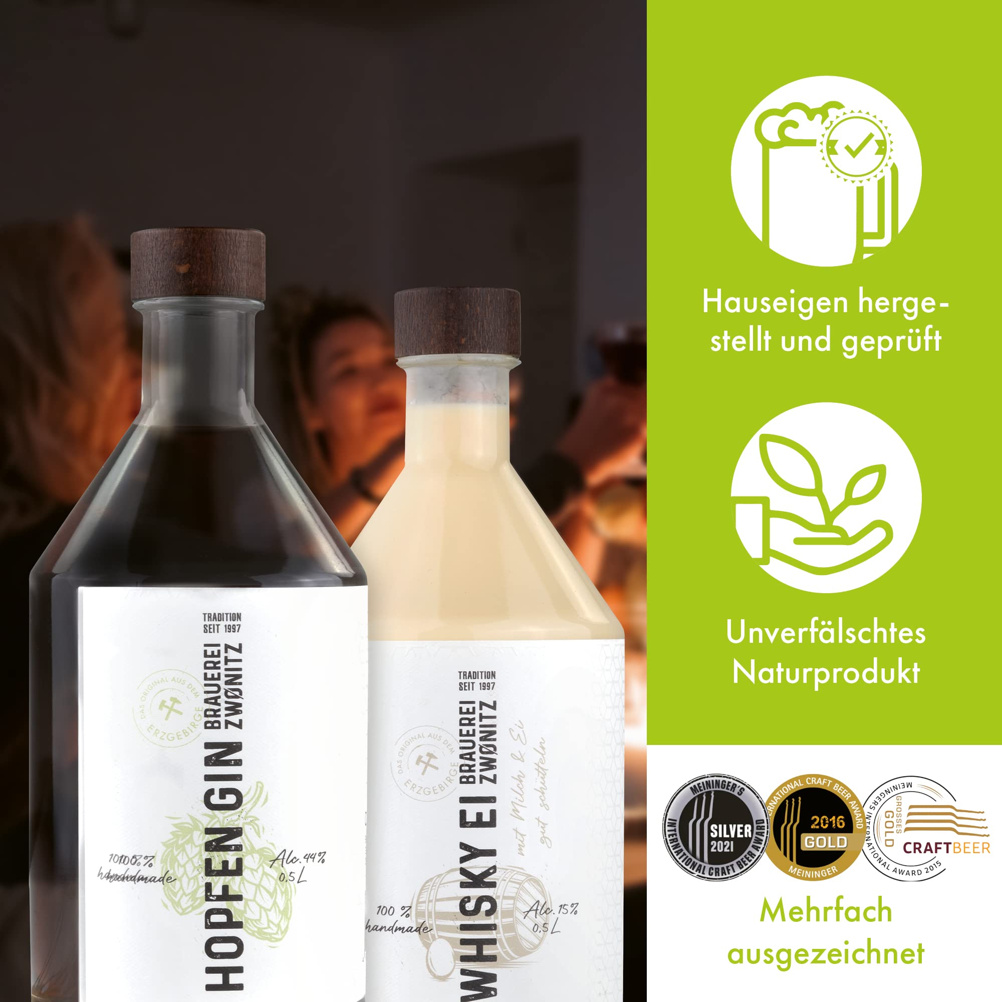 Brauerei Zwönitz Geschenkset mit Bierbrand 0,5 L & zwei passenden Gläsern | Alkohol Geschenkset mit Bierbrand - Originelles Biergeschenk