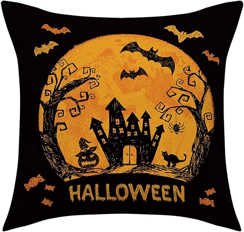 Miniatura 5 de Juego de 4 fundas de almohada de Halloween de 18 x 18 pulgadas, decoración de Halloween para interiores, suministros de fiesta, decoración del