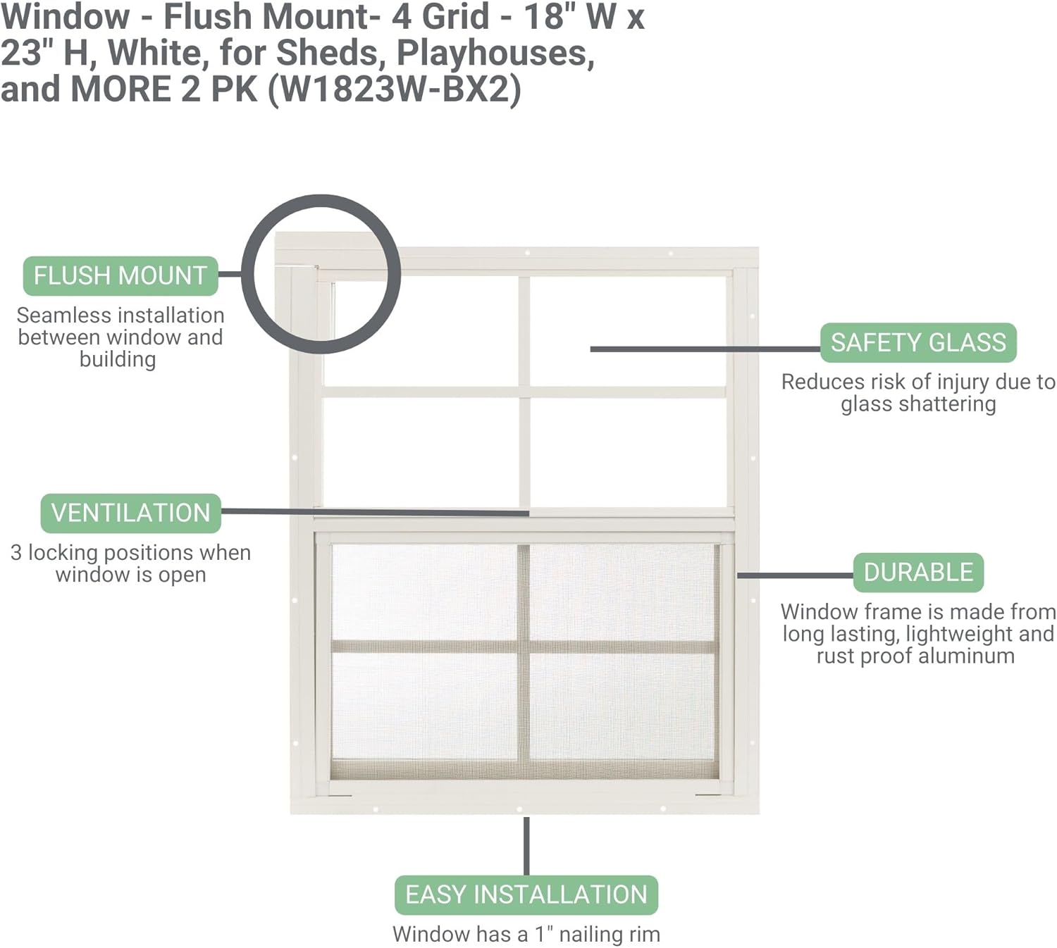 W1823BR-BX2 18" W x 23" H Flush Mount Sliding Shed Window, Brown, Tempered Glass, 2 PK