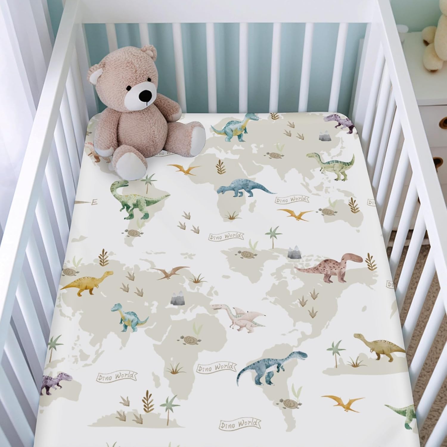 Colorful Dinosaurs Map Baby Crib Sheets for Boy Girl 52"x28" Cartoon Dinosaur Fitted Crib Mattress Covers Jungle Animal Soft Breathable Baby Bed Sheet Fits Standard Crib and Toddler Mattress Pads