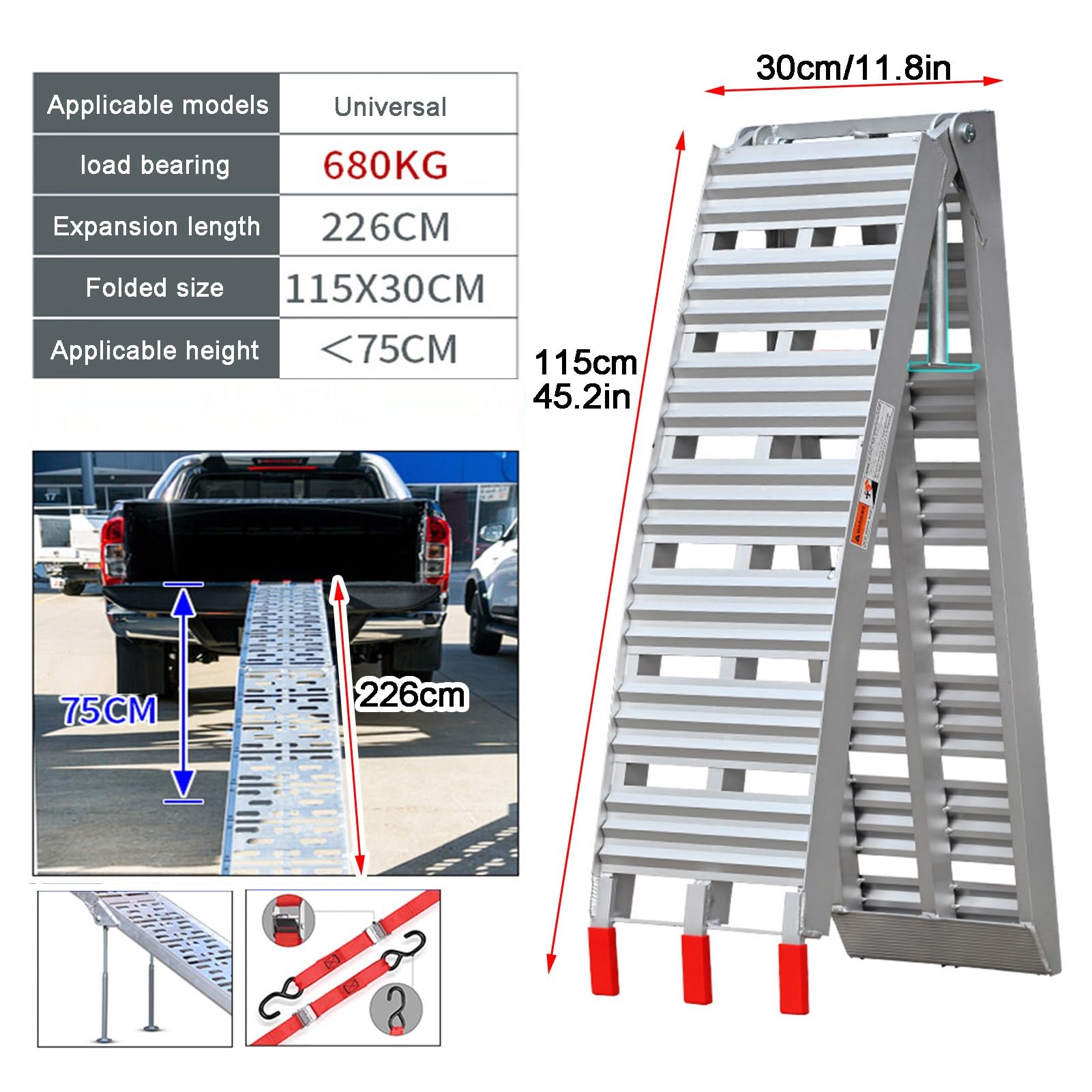 Aluminium Chargement Rampes, Moto Motoneige Rampe, 1499LBS Poids Capacité, Polyvalent Ramassage Camions Pour Vélos VTT Trottinettes(2pcs)