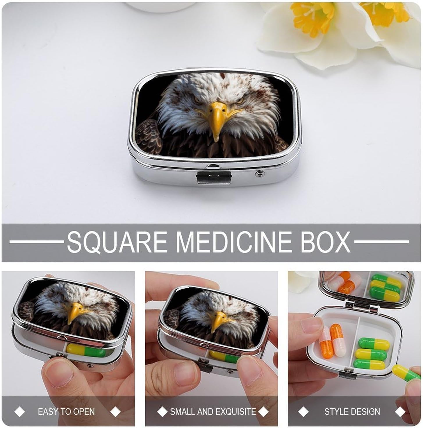 Bald Eagle American Flag Square Pill Case, Metal Pill Organizer image 4