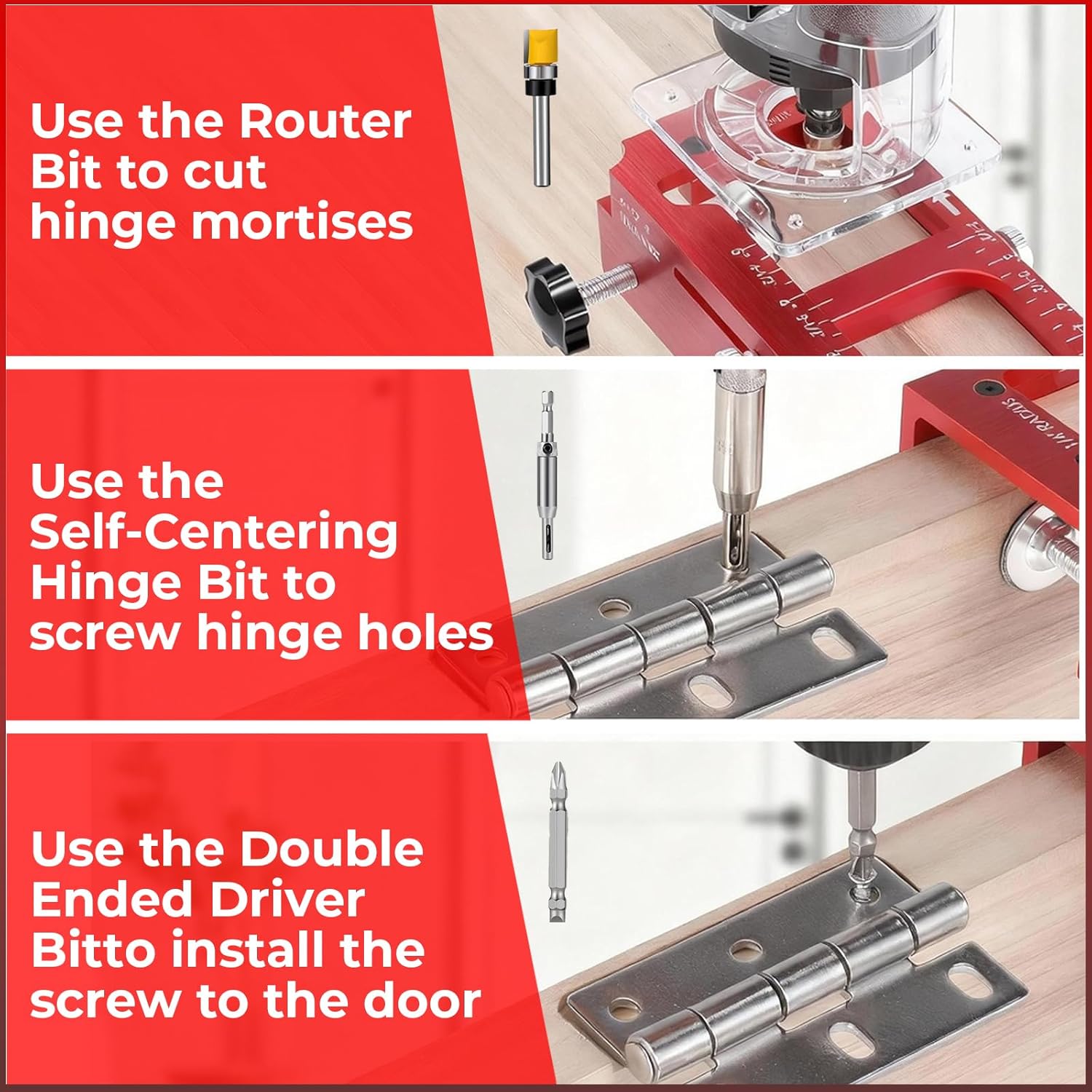 Door Hinge Jig, Adjustable Mortise Jig, Aluminum Alloy Door Hinge Template kit Suitable for Door Hinges with 3" to 5" Length and Types of Square Radius 1/4" or Radius 5/8" (Red)